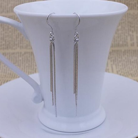 NEW 925 Sterling Silver Tassel Chain Drop Earrings - Picture 3 of 7